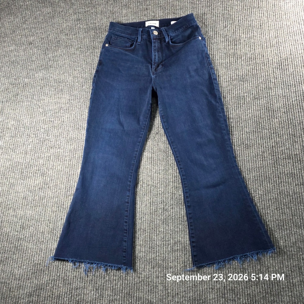 Frame Le Crop Flare Jeans Size 26 Dark Indigo Raw Hem High Rise Denim